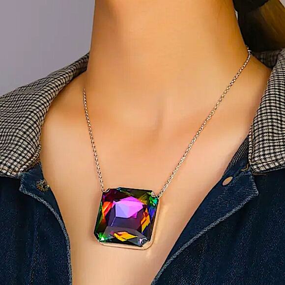 Exaggerated Mystic Fire Silver Crystal Stone Necklace Boho Statement - Picture 2 of 7